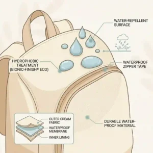 Close-up illustration of water droplets resisting the surface of a waterproof cream backpack.